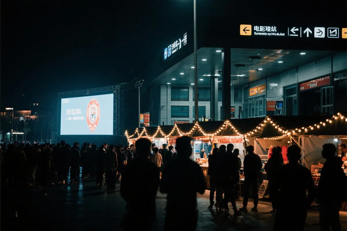 费城球迷广场夜景：大屏观赛人群、步行指示牌与公共交通入口